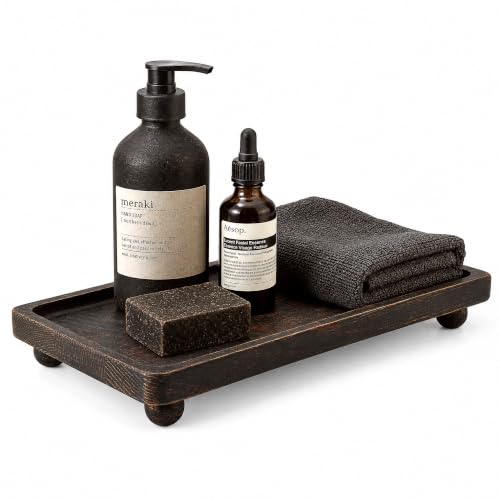 Pine Wood Bathroom Tray for Kitchen Counter, Sink, Vanity, Old Black | Raised ball feet, Rounded edge, Waterproof wood tray, Farmhouse decor, Organizes soap, lotion, perfume, candles, sponges - color: Distressed Black
