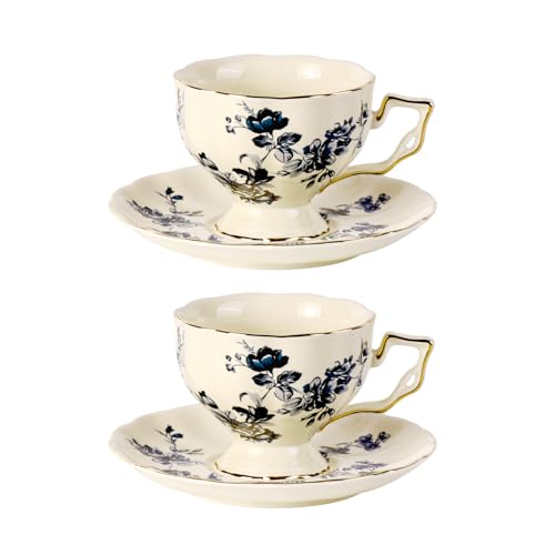 KAMMAK Tea Cups and Saucers Set of 2, 6.8 oz Porcelain Coffee Cups, 563N | Stackable Espresso Mugs, Ceramic Demitasse for Coffee, Cappuccino, Latte, Americano, Tea - size: 7KPSP563N