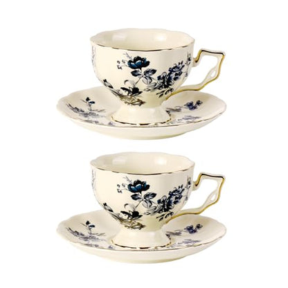 KAMMAK Tea Cups and Saucers Set of 2, 6.8 oz Porcelain Coffee Cups, 563N | Stackable Espresso Mugs, Ceramic Demitasse for Coffee, Cappuccino, Latte, Americano, Tea - size: 7KPSP563N