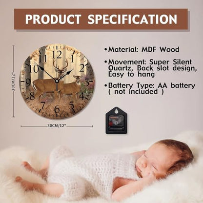 Deer Buck Large Wooden Wall Clocks Battery Operated 12 Inch Autumn Hunting Clock Rustic Wall Art Farmhouse Home Decor for Bedroom Living Room Kitchen School Office
