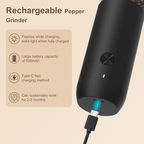 Ultrean Pepper Grinder, Rechargeable Salt and Pepper Grinder with 6 Adjustable Coarseness, LED Light, Automatic Grinder for Kitchen, Home and Kitchen Appliances Birthday Gifts for Women, Black - color: Black