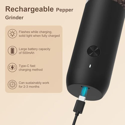 Ultrean Pepper Grinder, Rechargeable Salt and Pepper Grinder with 6 Adjustable Coarseness, LED Light, Automatic Grinder for Kitchen, Home and Kitchen Appliances Birthday Gifts for Women, Black - color: Black
