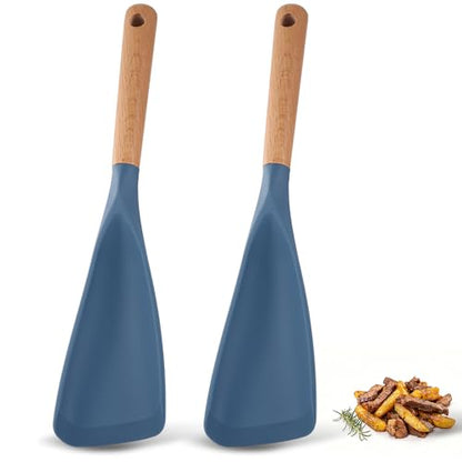 Cooking Spoon for Nonstick Cookwares, Multifunction Spatula Spoon, Great for Both Cooking and Serving, Wood Handle Spoon for Stirring, Mixing, Serving (2, BLUE) - color: Blue