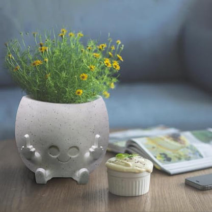 Smiling Plant Pot with Middle Fingers Up, Face Planter Pot Resin Flower Planters for Indoor Outdoor Plants Succulent Pots for String of Pearls Plant Live Gift Ideas for Mother (White) | Resin Face Planters for Indoor Outdoor, Unique Flower Pots with Drain