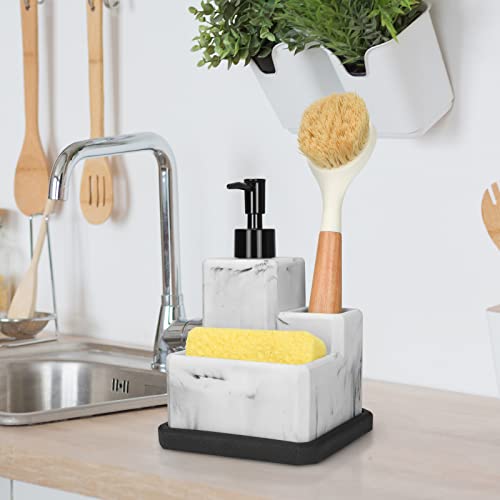 Soap Dispenser with Sponge Holder and Brush Holder,White Marble 3 in 1 Liquid Hand Dish Soap Dispenser and Sponge Holder Sink Caddy Organizer for Kitchen Bathroom,Removable Bottom Tray