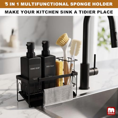 GMISUN Dish Soap Dispenser, 12 fl oz / 350 ml Dual Kitchen Soap Dispensers with Sponge Holder, Customized Matte Black Kitchen Soap Dispenser Set, Modern Hand and Dish Soap Bottle Set Removable - color: Black Bottle + Black Rack