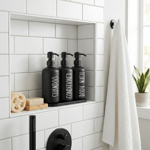 MOMEEMO Reusable Shampoo and Conditioner Bottles with Tray, Black | Shampoo Bottles Refillable with Pump, Pump Bottles for Shampoo and Conditioner, Shower Dispenser Bottles - color: Black Black
