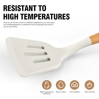 Silicone Cooking Utensils Set, Silicone Utensils for Cooking, 446° Heat Resistant Kitchen Utensil Silicone Spatula Sets, Kitchen Gadgets for Non-Stick Cookware BPA FREE (Cream White) - color: Cream White