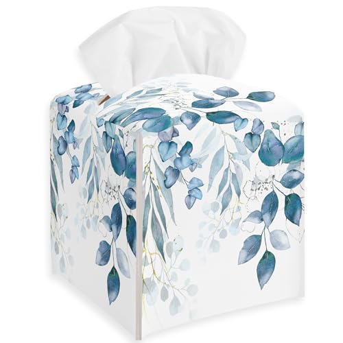 Vintage Blue and White Floral Tissue Box Cover, Floral Leather Tissue Box Holder Square Facial Paper Organizer Dispenser for Bathroom Kitchen Bedroom Vanity Countertop Nightstands - color: Vintage Blue and White