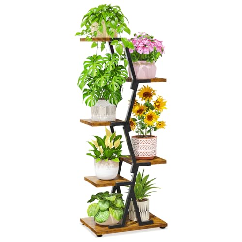 LASZOLA Plant Stand Shelf Tall for Indoor Corner, 5 Tier Wood Brown | Modern Multiple Flower Display Rack with Wooden Tray, Metal Vertical Planter Pot Holder for Living Room Bedroom Patio Garden - color: Basic Brown, size: 5 Tier