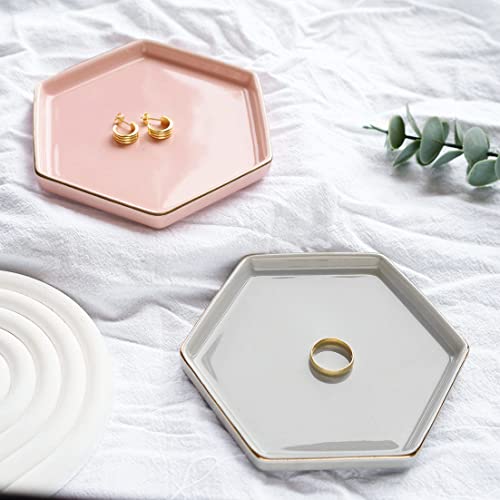 HANKOR 4.7 inch Ceramic Jewelry Dish Tray, Small Ring Holder Dish, Pink Catch All Trinket Tray for Keys Rings Earrings - color: Pink