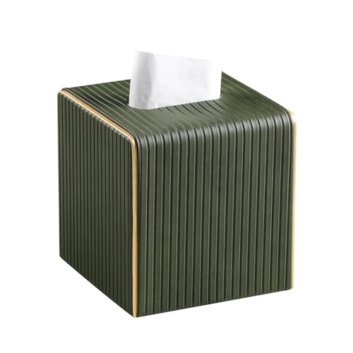 PU Leather Square Tissue Box Cover with Bottom, Olive Green | Fits All Standard Cube Tissue Boxes, Modern Fluted Decorative Tissue Box Holder for Bathroom, Bedroom, Office, Living Room - color: Olive Green