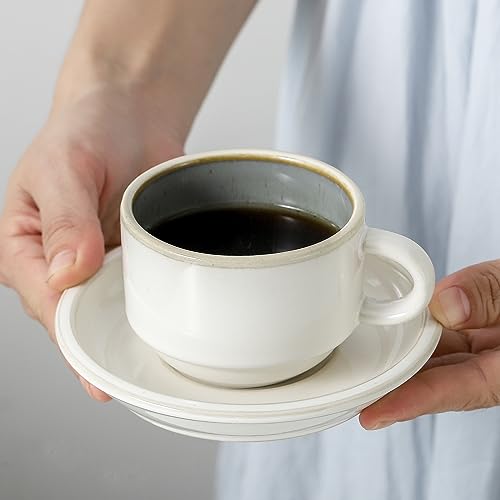 JIEMEI HOME Porcelain Stackable Espresso Cups with Saucers and Metal Stand, 4 Ounce Demitasse Cups for Specialty Coffee Drinks, Cafe Mocha Tea-Set of 4, Stackable Espresso Mugs, White & Green - color: White & Reed Green
