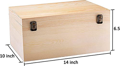 Large Wooden Box - 14" x 10" x 6.5" - Unfinished Pine Wood Box for Crafts, Storage, Keepsakes & Memory - Hinged Lid