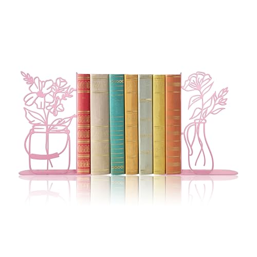 Metal Flower Vase Bookends, Cute Book Ends for Office Home Decor | Decorative BookEnds for Shelves, Ideal Gift for Book Lovers(Pink) - color: Pink