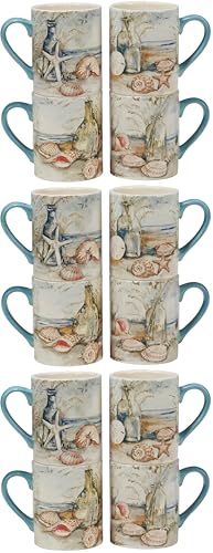 Coastal Landscape 16 oz. Ceramic Mugs – Set of 4 Assorted Beach Designs with Starfish, Shells & Ocean Bottles – Seaside Coffee Cups for Tea, Hot Cocoa, or Gifting – Blue Handle Accent (Pack of 3) - size: 5.125 inches x 4.25 inches (Pack of 3)