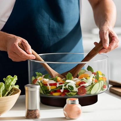FoldTier Large Glass Salad Bowl Set, Party Salad Bowl with Acacia Wood Base and Lid as Cheese Charcuterie Board and Plate, Comes with 5 Pieces Elegant Wood Serving Utensils