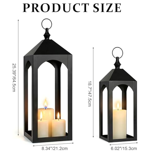 23 Inch Black Metal Outdoor Lantern with Hanging Ring Modern | Farmhouse Candle Lanterns for Porch Patio Fireplace Tabletop Decor No Glass Panel - size: 23Inch