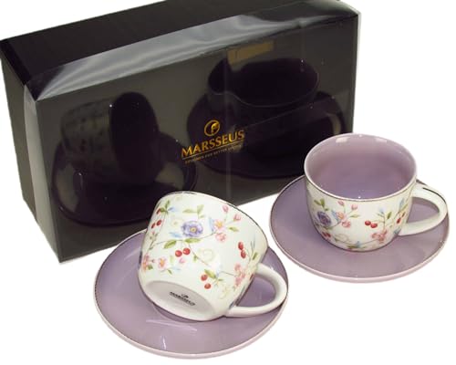 Porcelain Set of 2 Pastel Cups 8 oz with Saucers 5.75", Glamour by Marsseus Collection, Gift Box, Floral motif - color: Floral motif-1