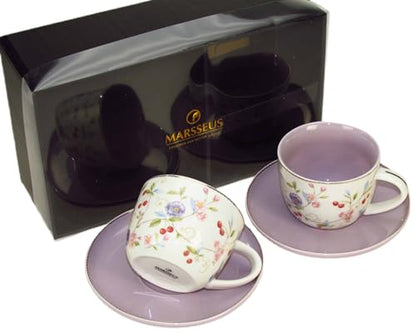 Porcelain Set of 2 Pastel Cups 8 oz with Saucers 5.75", Glamour by Marsseus Collection, Gift Box, Floral motif - color: Floral motif-1