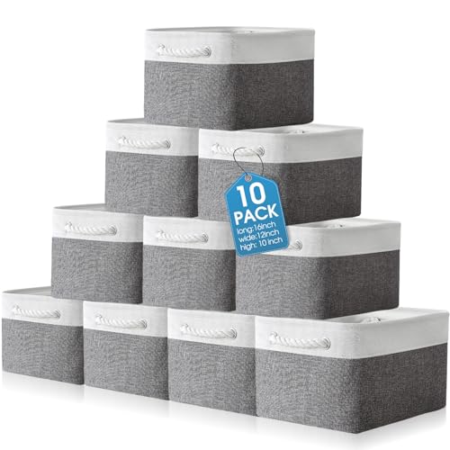 FoldTier 10 Pack Large Collapsible Fabric Storage Baskets with Handles Decorative Storage Bins for Organizing Shelves Toys Clothes(White & Gray,16 x 12 x 10 Inches) - color: White & Gray, size: 16 x 12 x 10 inches
