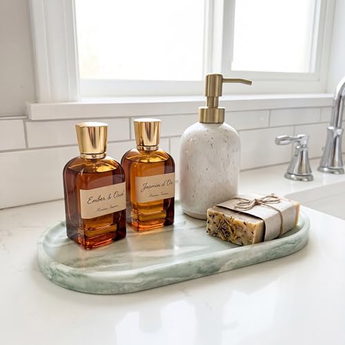 YKAJO Botanical Green Oval Marble Tray, 11.8x5.9 Vanity Perfume Organizer | Honed natural stone; jewelry & trinket dish, ring & key holder, soap & candle catchall; bath counter, dresser, coffee table - color: Botanical Green, size: 11.8" x 5.9" x 0.6"