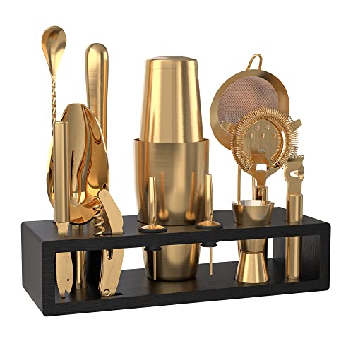 Highball & Chaser Bartender Kit with Black Bamboo Stand Beautiful Cocktail Shaker Set and Bar Tools Stainless Steel Boston Shaker Bartender Kit with Stand (Antique Gold) - color: Antique Gold