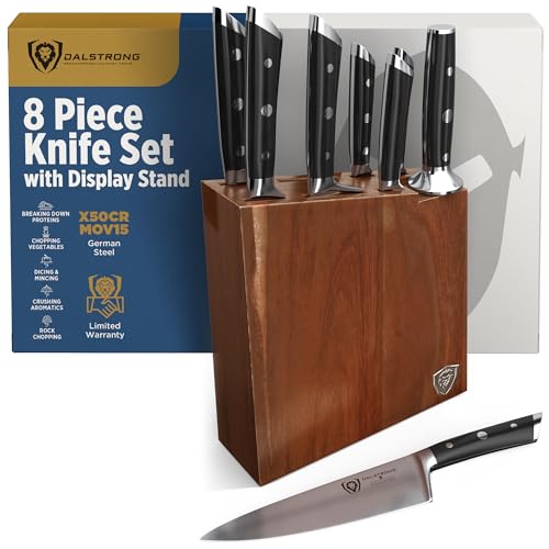 Dalstrong 8-Piece Knife Block Set — German High-Carbon Steel, Full-Tang, Hand-Polished 14–16° Edge — Gladiator Series For First Real Kitchens, New Homeowners & Apartment Cooks — Acacia Block, NSF - color: Black, size: 8-Pc