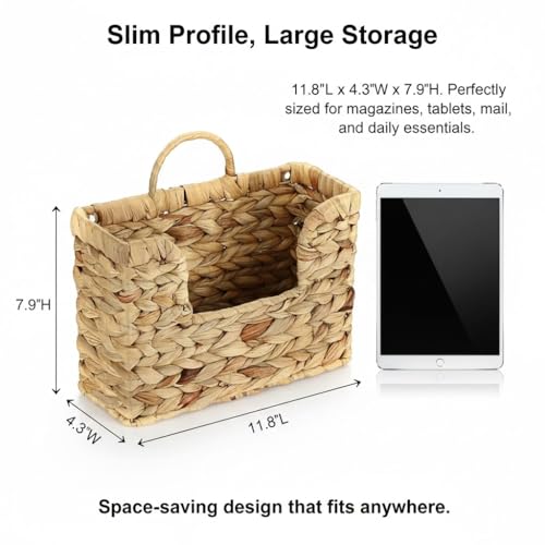Handwoven Water Hyacinth Wall Basket Storage with Non-Trace Nails - Decorative Hanging Magazine File Holder & Mail Organizer for Wall or Desk - Damage-Free Wicker Book Basket for Office & Home
