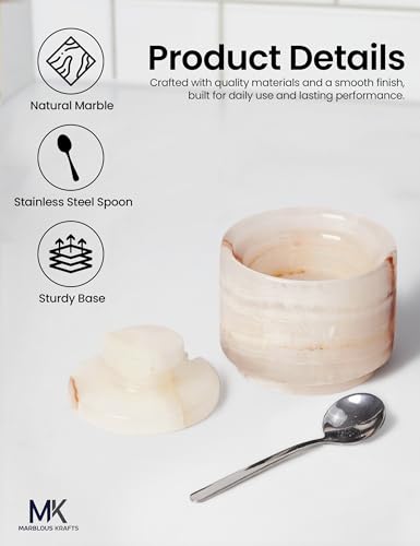 3" Marble Salt Cellar with Lid & Spoon White Onyx Flaky Salt Box, Sugar Jar, and Spice Storage Container for Kitchen Countertop, Ideal Gift for New Home - color: White Onyx