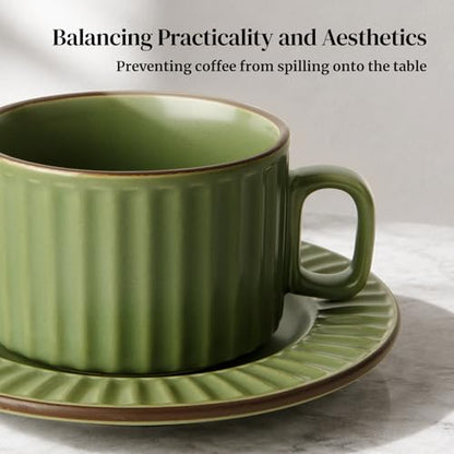 DOWAN Cappuccino Cup Set of 4, 8 OZ Ceramic Coffee Cups with Saucers, Coffee Mugs, Ribbed Espresso & Latte Cups Set, Elegant Stoneware for Home & Café Use - color: Green, size: 8 oz