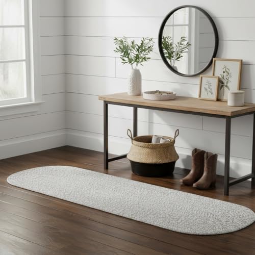 Farmhouse Braided Runner Rug 2x6 Gray & White – Reversible Cotton Blend Hallway, Kitchen, Bedroom & Entry Rug – Soft, Durable, Handcrafted, Low-Profile Indoor Mat - color: Gray & White, size: 2' x 6' (Oval)