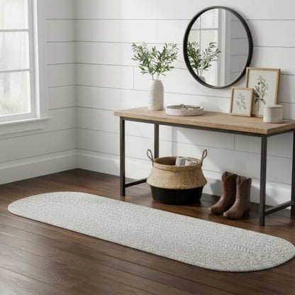 Farmhouse Braided Runner Rug 2x6 Gray & White – Reversible Cotton Blend Hallway, Kitchen, Bedroom & Entry Rug – Soft, Durable, Handcrafted, Low-Profile Indoor Mat - color: Gray & White, size: 2' x 6' (Oval)