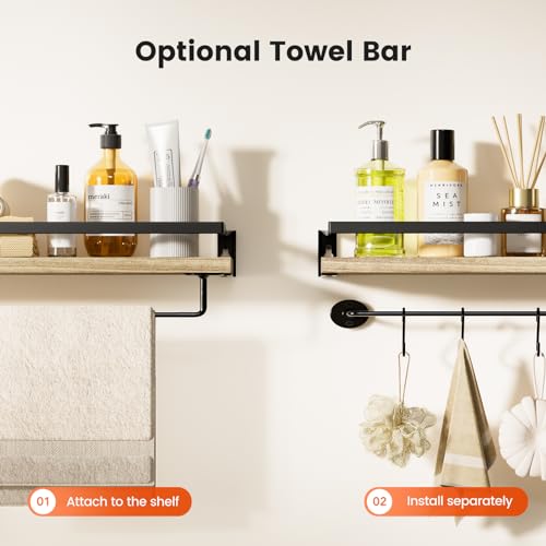 AMADA HOMEFURNISHING Bathroom Shelves with Towel Bar, Floating Shelves, Wall Shelves for Bathroom/Living Room/Kitchen/Bedroom, Light Brown, Set of 2 - AMFS01 - color: Light Brown