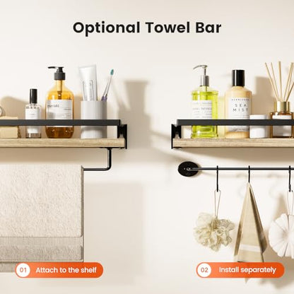 AMADA HOMEFURNISHING Bathroom Shelves with Towel Bar, Floating Shelves, Wall Shelves for Bathroom/Living Room/Kitchen/Bedroom, Light Brown, Set of 2 - AMFS01 - color: Light Brown