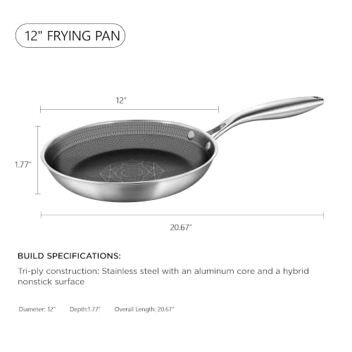 COOKER KING 12-Inch Stainless Steel Pan, Hybrid Nonstick Frying Pan | 3-Ply Clad Cookware, Healthy & Non-Toxic, Dishwasher & Oven Safe, Stay-Cool Handle, Induction Compatible – Metal Utensil Safe - size: 12 Inch
