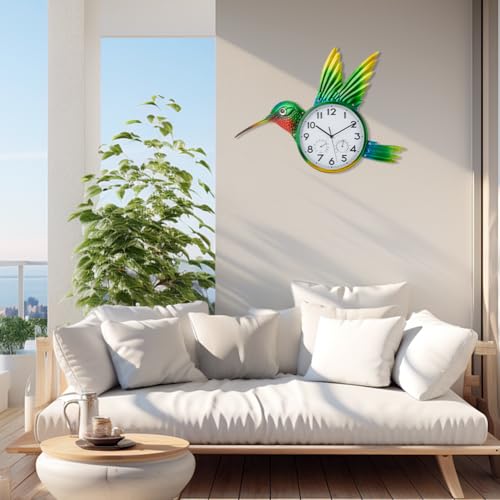 Large Outdoor Clock with Thermometer & Humidity | Silent Non-Ticking, Hummingbird Outdoor Wall Clock for Patio, Garden, Kitchen, Living Room, Green - style: Hummingbird-Green