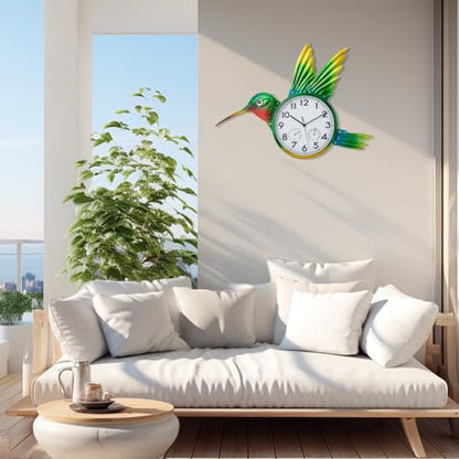 Large Outdoor Clock with Thermometer & Humidity | Silent Non-Ticking, Hummingbird Outdoor Wall Clock for Patio, Garden, Kitchen, Living Room, Green - style: Hummingbird-Green