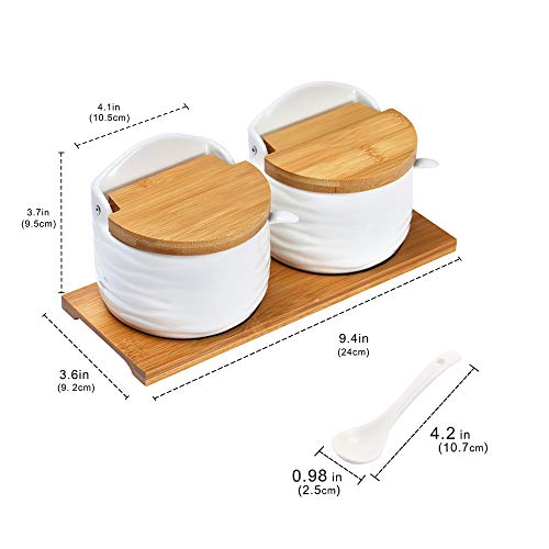 Ceramic Sugar Bowl with Bamboo Lids and Spoons Serving Tray, Porcelain Sugar Container for Sugar Tea Coffee Spice,Salt Condiment with Chalkboard Labels for Home Kitchen,9.1 fl oz 270 ML - color: C-001-2