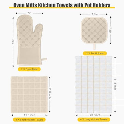 Oven Mitts Kitchen Towels Dishcloths with Pot Holders Sets 12PCS, Dish Towels Sets, Oven Gloves Pot Pads Heat Resistant 500 Degrees with Non-Slip Silicone Surface for Cooking Baking Grilling-Milkshake - color: Milkshake