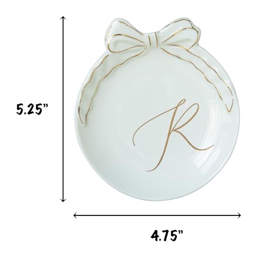 COLLECTIVE HOME Ceramic Jewelry Tray, Monogram Trinket Dish with Bow (R) | Mothers Day Graduation Christmas Birthday Gifts for Women, Bridesmaid Proposal Gifts, Features Real Gold Trim & Gift Box - color: R