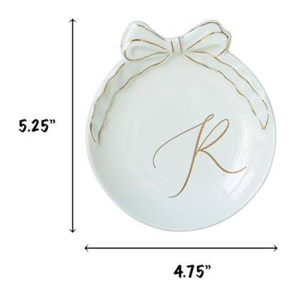 COLLECTIVE HOME Ceramic Jewelry Tray, Monogram Trinket Dish with Bow (R) | Mothers Day Graduation Christmas Birthday Gifts for Women, Bridesmaid Proposal Gifts, Features Real Gold Trim & Gift Box - color: R