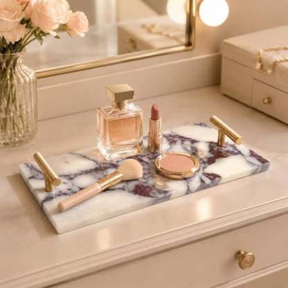 Calacatta Viola Marble Bathroom Tray with Gold Handles, Natural Stone Vanity Organizer for Towels and Essentials (with Handle 30x15cm) - color: With Handle 30x15cm