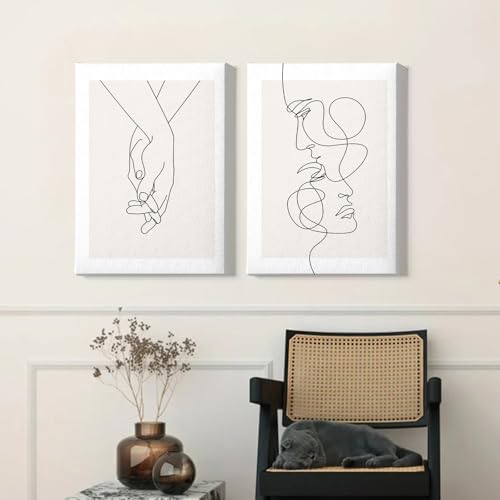 Abstract Couple Line Art Line Face Wall Art Minimalist Line Art Prints Black Line Pictures Holding Hands Canvas Wall Art Black and White Minimalist Poster for Living Room Bedroom 16x24inx2 Framed - color: Abstract Couple Line Art Framed