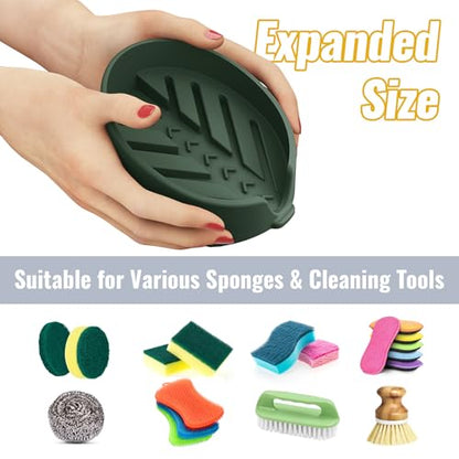 NiHome Silicone Sponge Holder for Kitchen Sink, Fits Scrub Daddy Mommy | Self-Draining Dispenser Organizer Tray, Sink Caddy Countertop Fits Soaps, Scrubber, Dishwasher Safe, Includes Brush - color: Dark Green