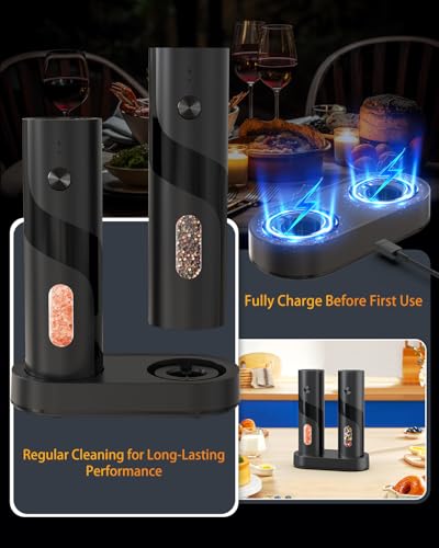 CIRCLE JOY Electric Rechargeable Salt and Pepper Grinder Set Top-Refill Automatic Pepper Mill Grinder with Charging Base, Adjustable Coarseness, Easy Filling Larger Capacity with Led for Home Kitchen - color: Black