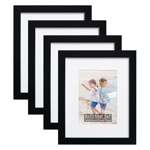 8x10 Wooden Picture Frame Set of 4 (with 5x7 Mat), Solid Wood with Real HD Glass, for Tabletop or Wall Mount, Home Office Photo Frames Collage Wall Décor, Black - color: Black, size: 8x10