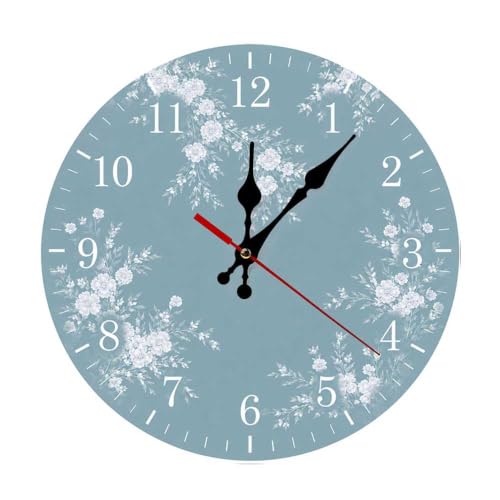 Floral Pattern on Blue Background Wallpaper Design-3 Round Wooden Wall Clock, Silent Non-Ticking Battery Operated Decorative Wall Clock for Living Room, Bedroom, Kitchen, Office, Farmhouse Home Decor - color: Color543, size: 9.8x9.8in