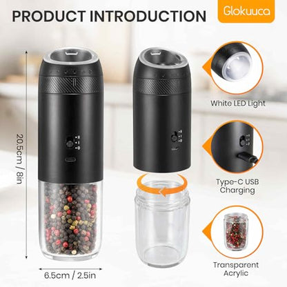 Gravity Electric Salt Grinder Set w/Variable Speed,Black 2 Pack | with Variable Grinding Speed, External Adjustable Coarseness, One Hand Operation, Upgraded Larger Capacity,White LED Light - color: Black