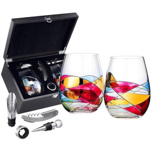 Artisanal Hand-Painted Stemless Wine Glasses & Accessories Set with Gift Box – Mother’s Day, Wife, Friends, or Girlfriend – Romantic Stained Glass Windows – Birthday or Housewarming Gift Idea - style: Full Gift Set